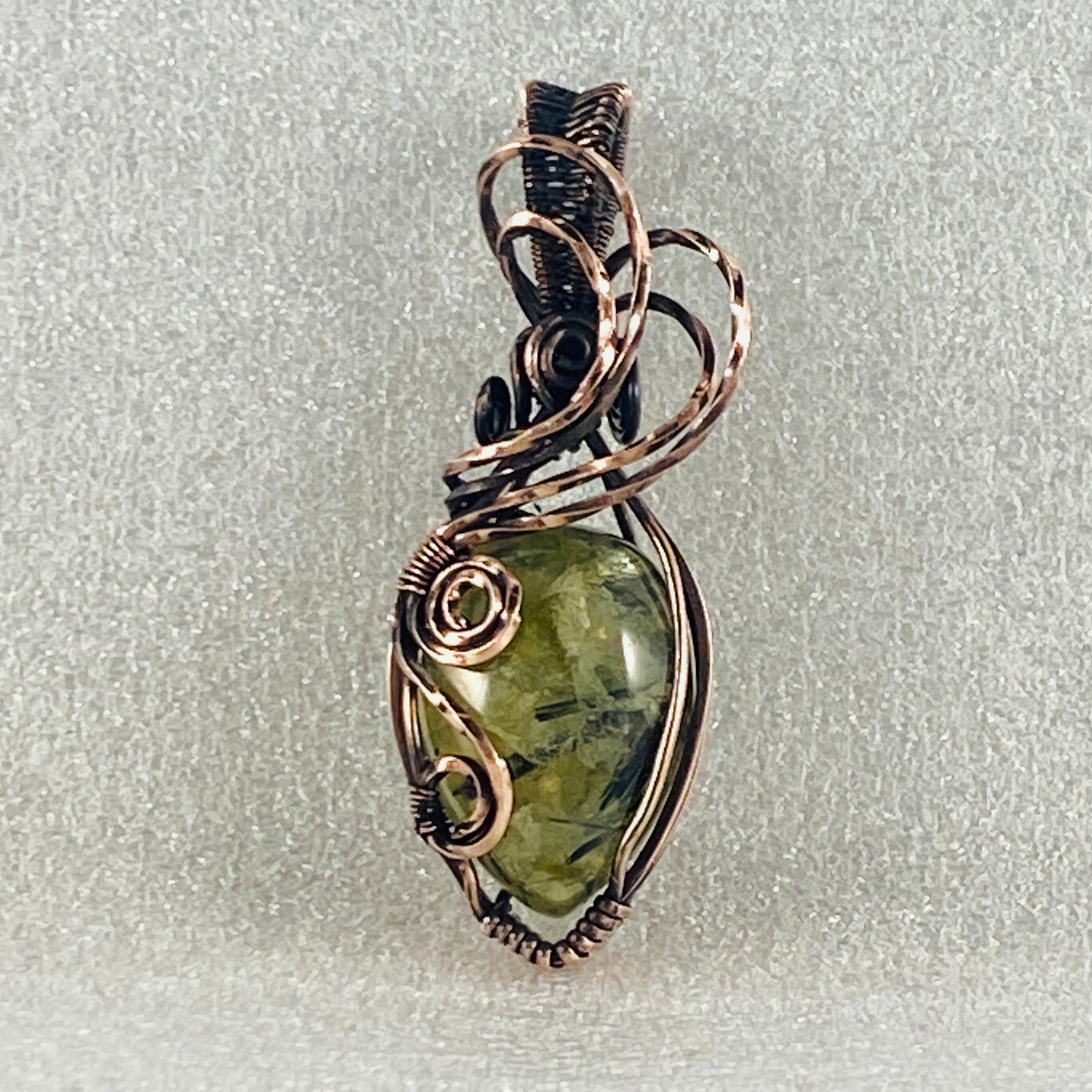 Antique Copper Wire Wrapped Prehnite Pendant