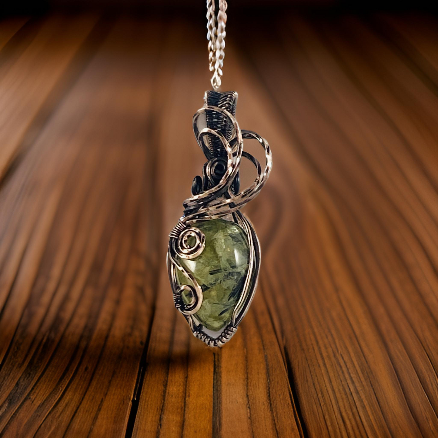 Antique Copper Wire Wrapped Prehnite Pendant