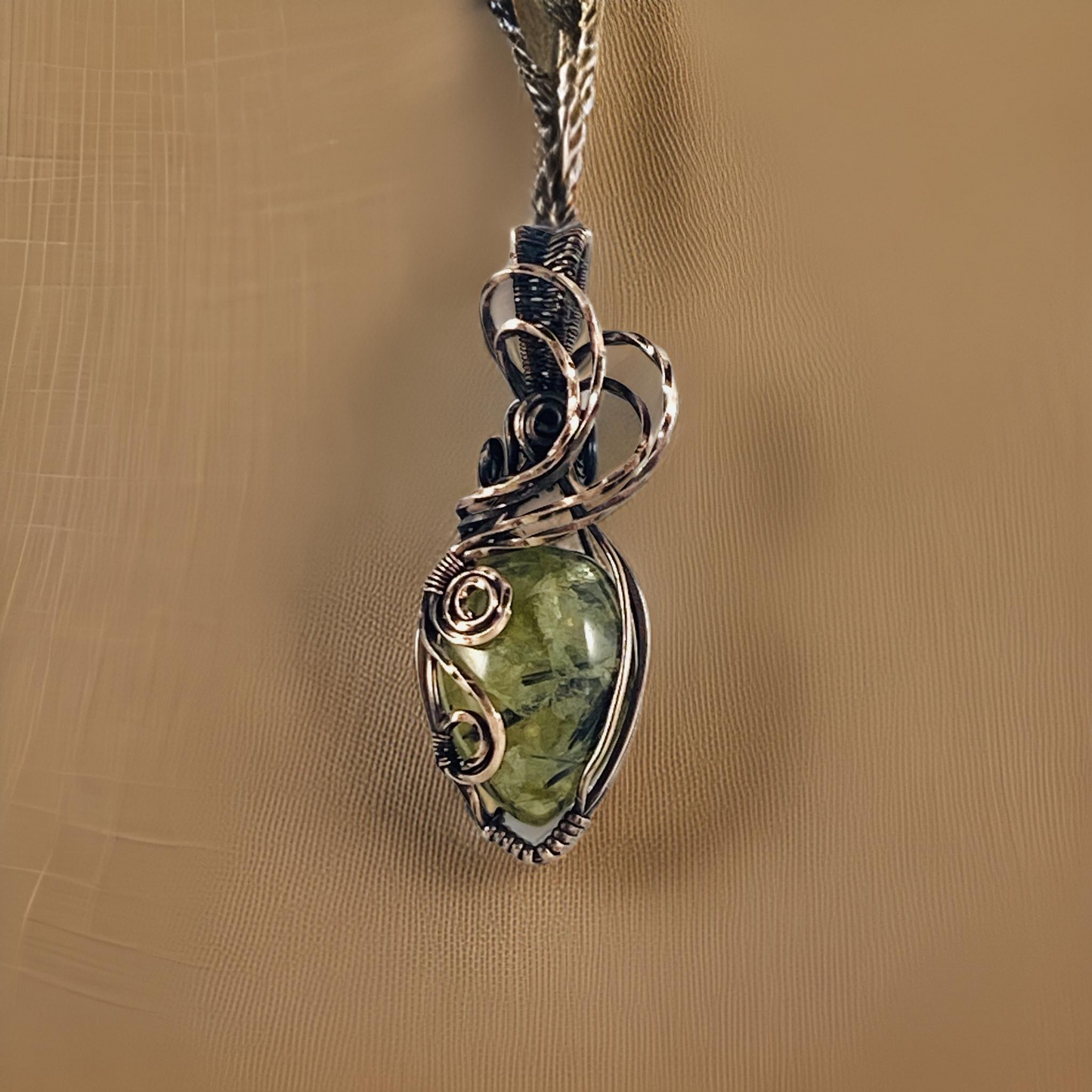 Antique Copper Wire Wrapped Prehnite Pendant