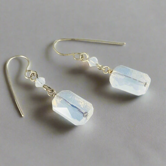 White Opal Emerald Cut Crystal Earrings