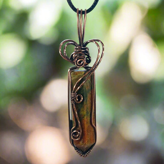 Antique Copper Unakite Wire Wrapped Pendant