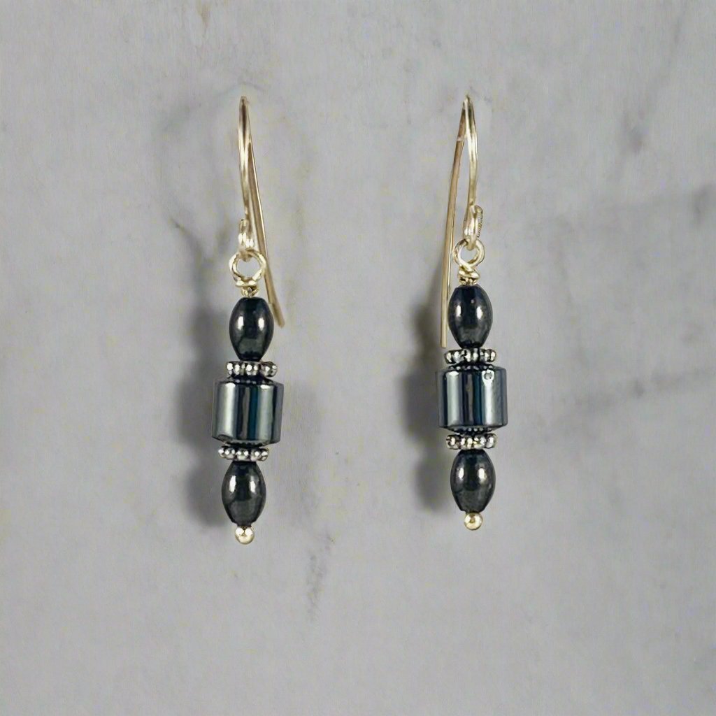 Hematite Barrel Earrings Long