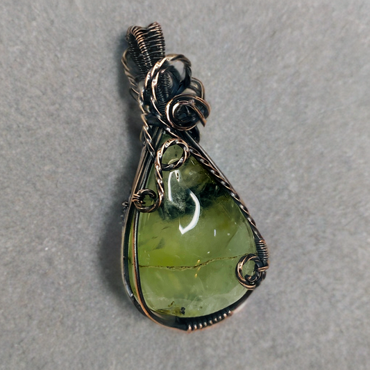 Antique Copper Wire Wrapped Prehnite Pendant