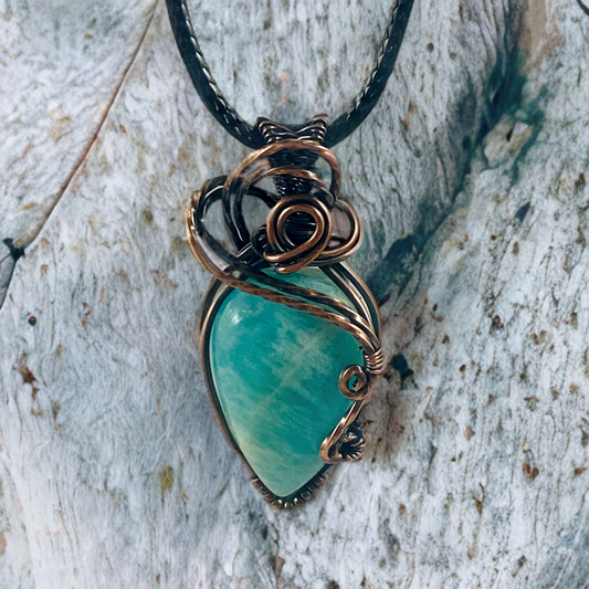 Antique Copper Amazonite Wire Wrapped Pendant